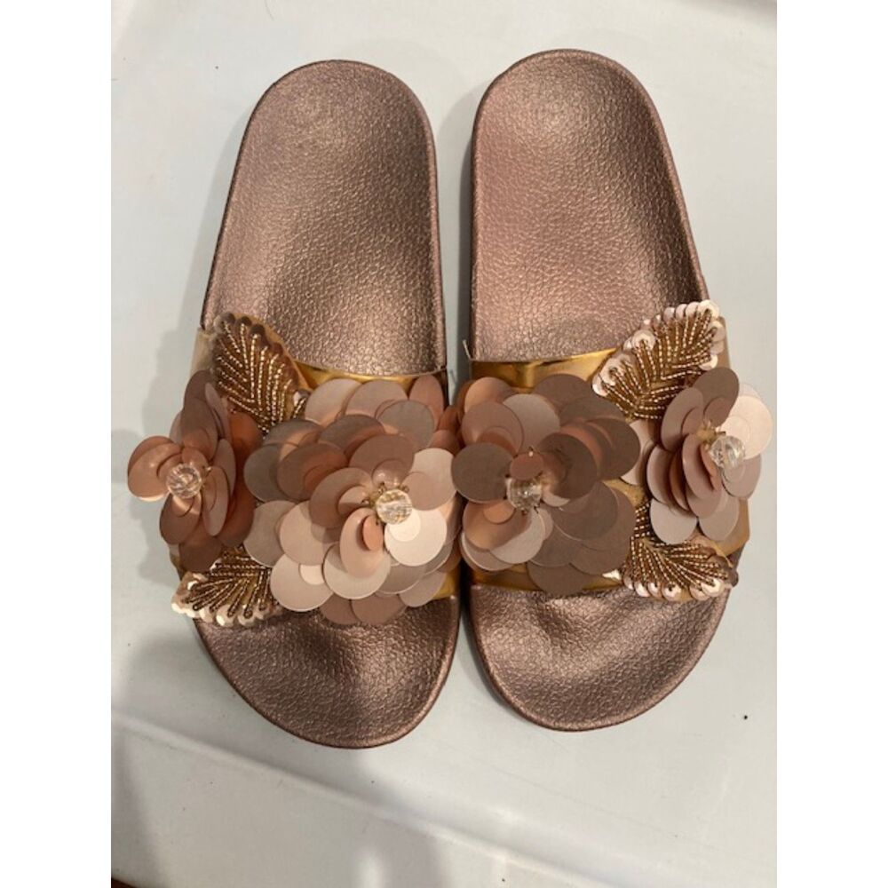 Rose Gold Floral Sequin Embellished Slide Sandals Size 6 NWT